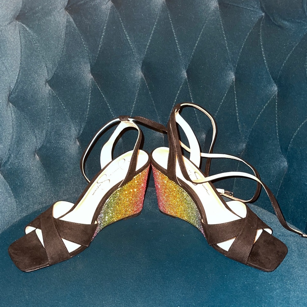 Jessica Simpson Black and Multicolor Wedges